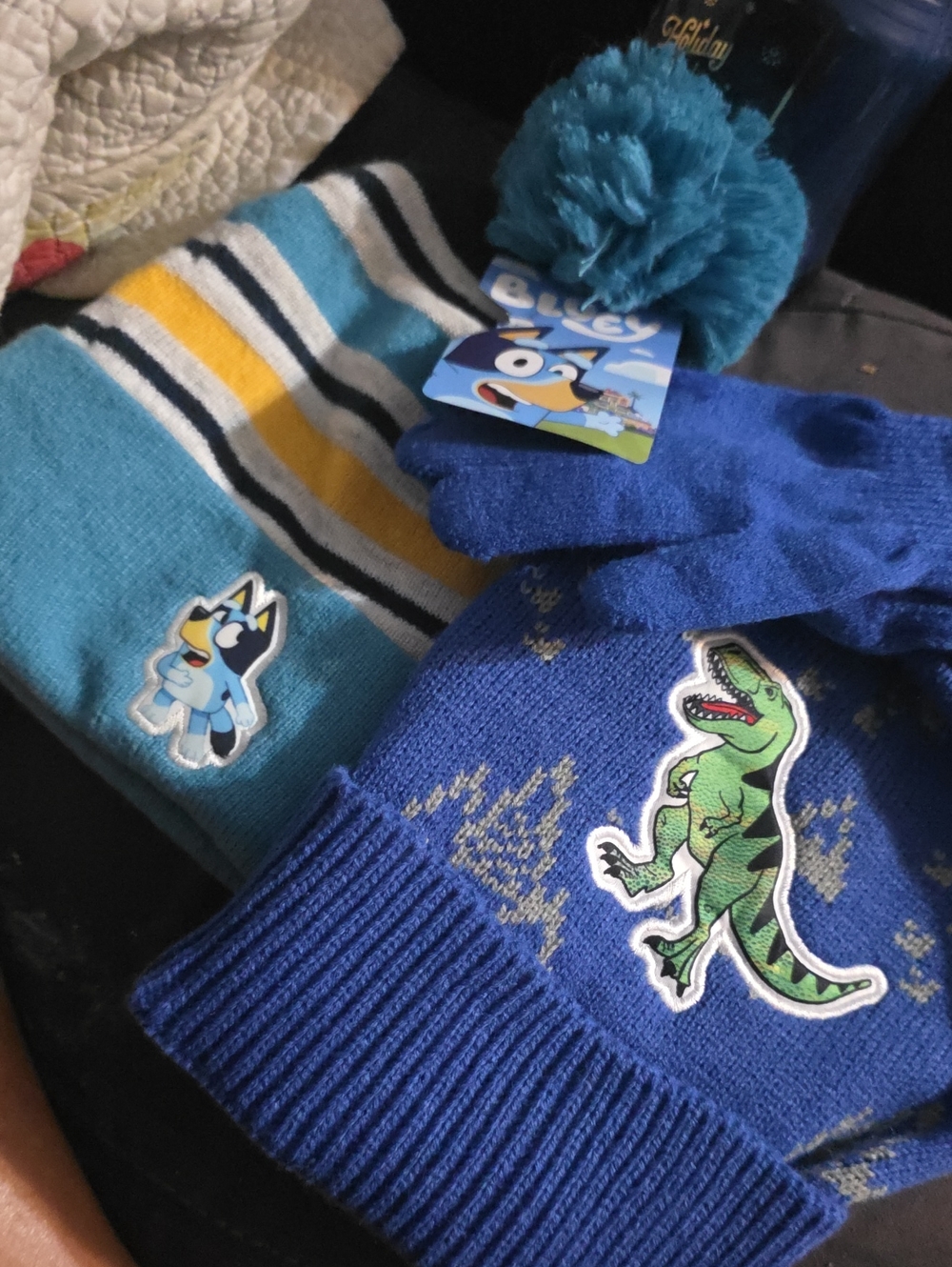 Kids Blue Pom Bluey Beanie. Gloves Set W/ Blue Boys Beanie with Dinosaur Patch